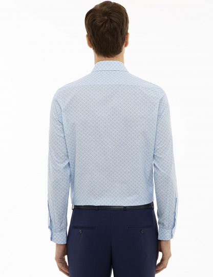 پیراهن آستین بلند مردانه یقه ایتالیایی طرحدار آبی کاشارل