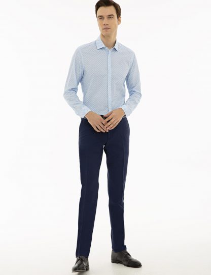 پیراهن آستین بلند مردانه یقه ایتالیایی طرحدار آبی کاشارل