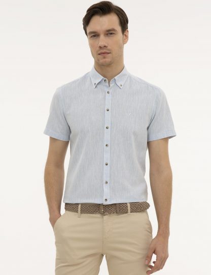 پیراهن آستین کوتاه مردانه یقه دکمه دار جذب آبی روشن کاشارل
