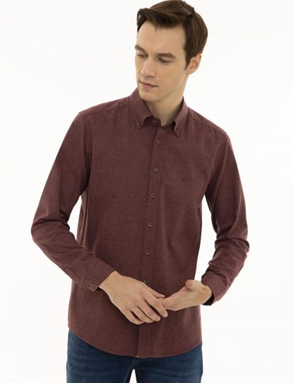 پیراهن آستین بلند مردانه یقه دکمه دار زرشکی کاشارل