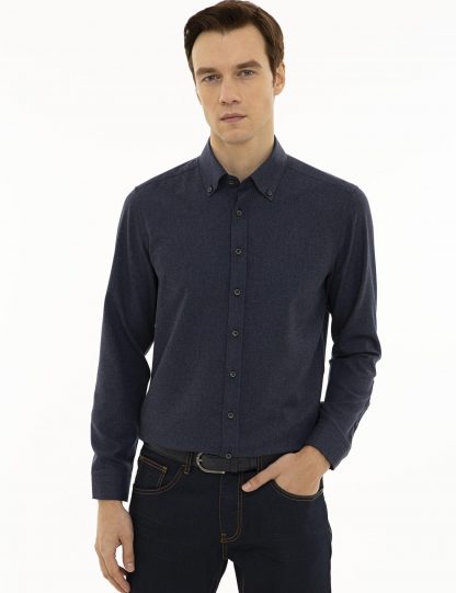 پیراهن آستین بلند مردانه یقه دکمه دار سرمه ای کاشارل