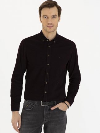 پیراهن آستین بلند مردانه یقه دکمه دار راه راه قهوه ای کاشارل