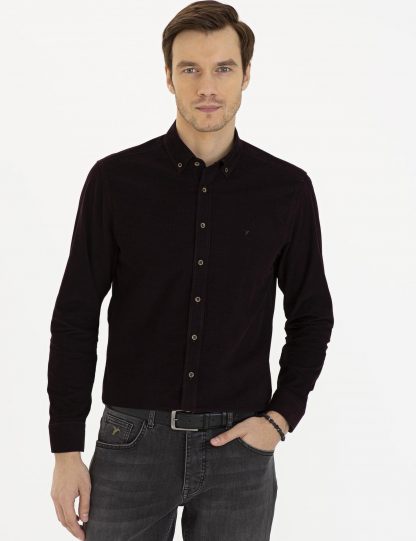 پیراهن آستین بلند مردانه یقه دکمه دار راه راه قهوه ای کاشارل