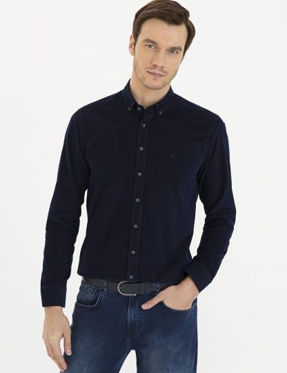 پیراهن آستین بلند مردانه یقه دکمه دار راه راه سرمه ای کاشارل