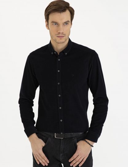 پیراهن آستین بلند مردانه یقه دکمه دار راه راه سیاه کاشارل