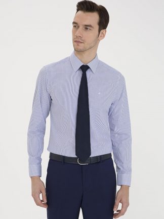پیراهن آستین بلند مردانه یقه کلاسیک راه راه تک جیب آبی کاشارل