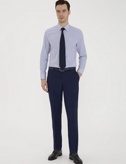 پیراهن آستین بلند مردانه یقه کلاسیک راه راه تک جیب آبی کاشارل
