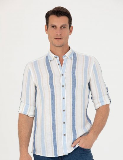 پیراهن آستین بلند مردانه راه راه جذب آبی کاشارل