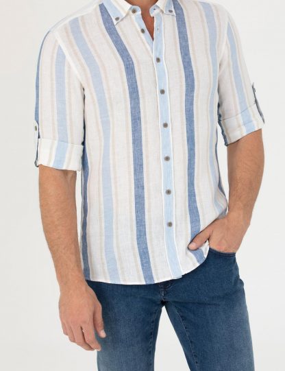 پیراهن آستین بلند مردانه راه راه جذب آبی کاشارل