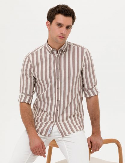 پیراهن آستین بلند مردانه راه راه قهوه ای کاشارل
