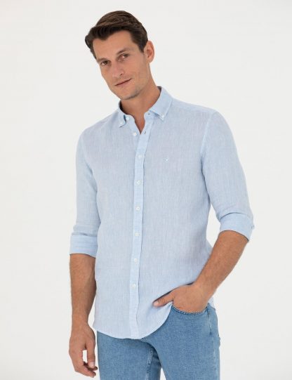 پیراهن آستین بلند مردانه ساده جذب آبی روشن کاشارل