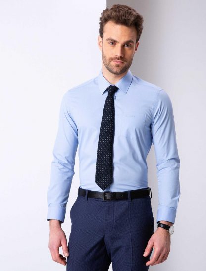 پیراهن آستین بلند مردانه یقه کلاسیک ساده آبی پیرکاردین