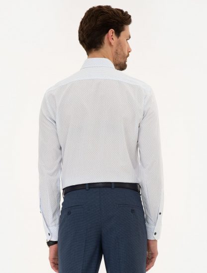 پیراهن آستین بلند مردانه یقه برگردان طرحدار جذب آبی روشن پیرکاردین