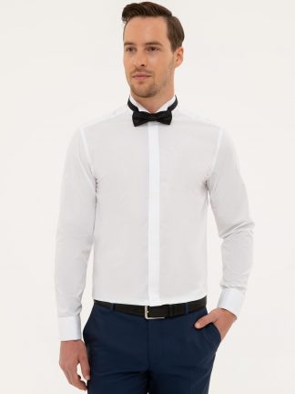 پیراهن آستین بلند مردانه ساده مدل جذب سفید پیرکاردین