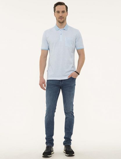 تی شرت مردانه آستین کوتاه طرحدار یقه پولو معمولی آبی روشن پیرکاردین
