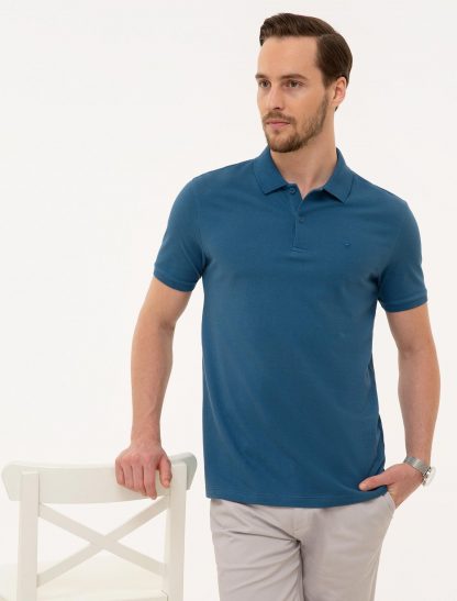 تی شرت مردانه آستین کوتاه یقه پولو ساده اندامی آبی نیلی پیرکاردین