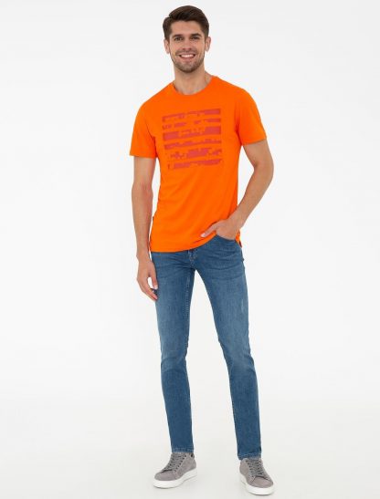 تی شرت مردانه آستین کوتاه یقه گرد طرحدار اندامی نارنجی پیرکاردین