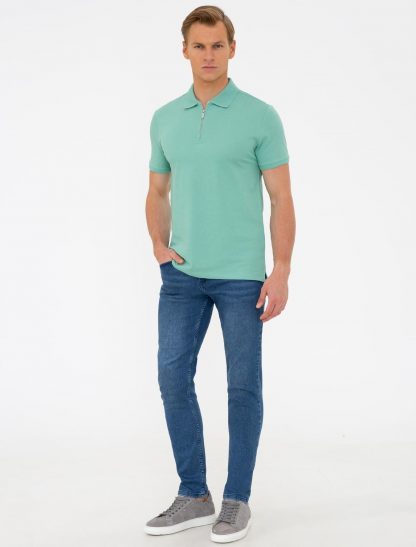 تی شرت مردانه آستین کوتاه یقه پولو ساده اندامی سبز پیرکاردین