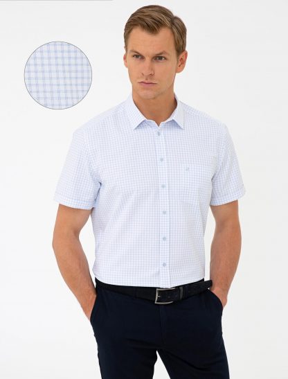 پیراهن آستین کوتاه مردانه یقه برگردان چهارخانه تک جیب آبی روشن پیرکاردین