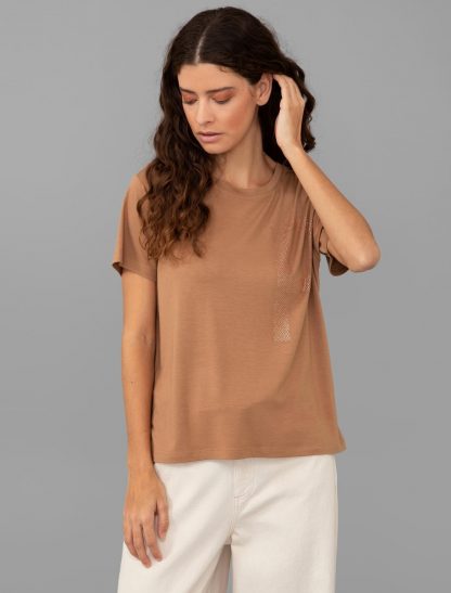 تی شرت زنانه آستین کوتاه یقه گرد طرحدار معمولی قهوه ای پیرکاردین