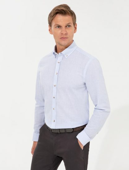 پیراهن آستین بلند مردانه یقه کلاسیک جذب آبی روشن پیرکاردین
