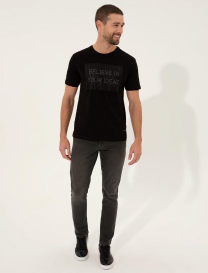 تی شرت مردانه آستین کوتاه یقه گرد طرحدار اندامی سیاه پیرکاردین