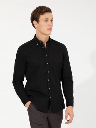 پیراهن آستین بلند مردانه یقه برگردان ساده بدون جیب سیاه پیرکاردین