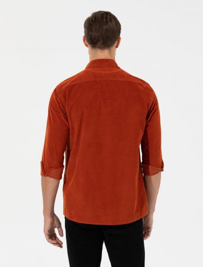 پیراهن آستین بلند مردانه یقه برگردان ساده بدون جیب نارنجی پیرکاردین