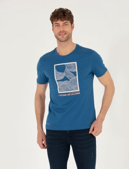 تی شرت مردانه آستین کوتاه یقه گرد طرحدار اندامی سرمه ای روشن پیرکاردین