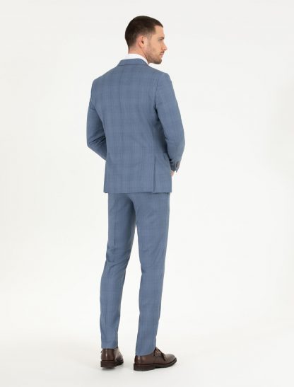 کت و شلوار مردانه یقه برگردان چهارخانه پشم مدل جذب آبی تیره پیرکاردین