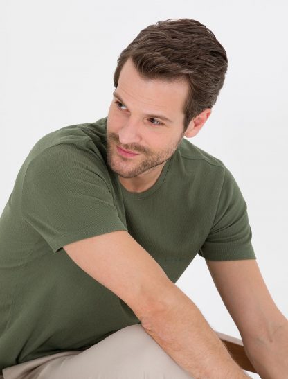 تی شرت مردانه آستین کوتاه یقه گرد بدون طرح اندامی خاکی پیرکاردین