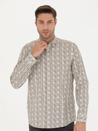 پیراهن آستین بلند مردانه یقه دکمه دار معمولی خاکی پیرکاردین
