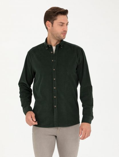 پیراهن آستین بلند مردانه یقه دکمه دار معمولی خاکی پیرکاردین