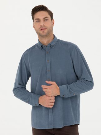 پیراهن آستین بلند مردانه یقه دکمه دار معمولی آبی تیره پیرکاردین