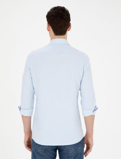 پیراهن آستین بلند مردانه یقه کلاسیک اندامی آبی روشن پیرکاردین
