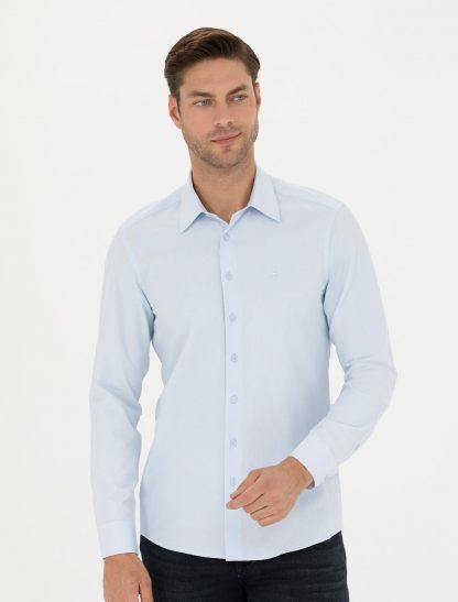 پیراهن آستین بلند مردانه یقه کلاسیک اندامی آبی پیرکاردین
