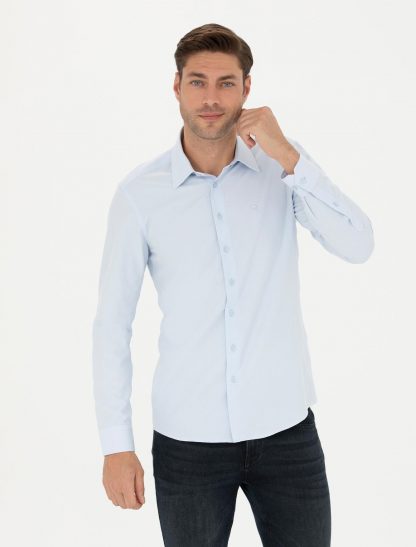 پیراهن آستین بلند مردانه یقه کلاسیک اندامی آبی پیرکاردین