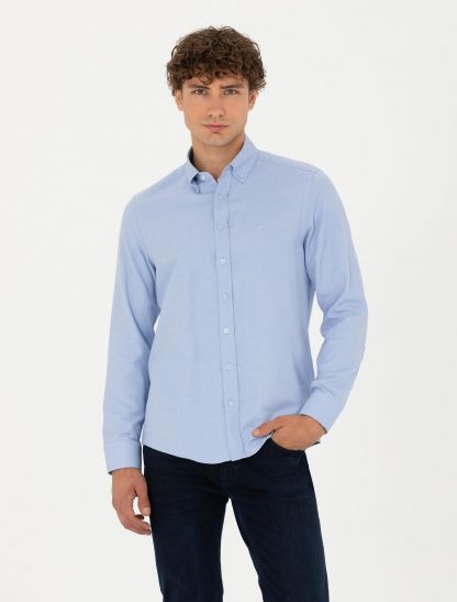 پیراهن آستین بلند مردانه جذب آبی روشن پیرکاردین