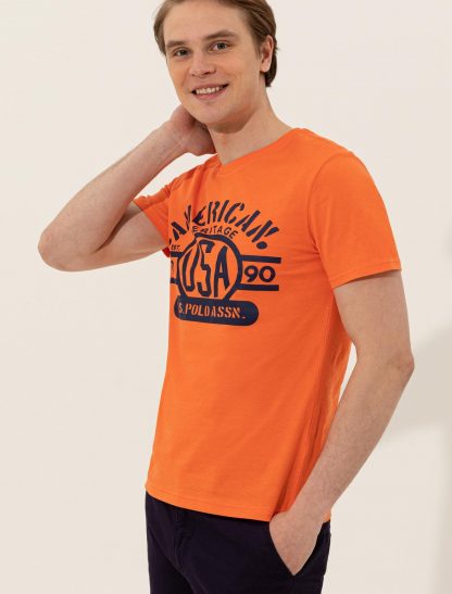 تی شرت مردانه آستین کوتاه یقه گرد طرحدار اندامی نارنجی یو اس پولو
