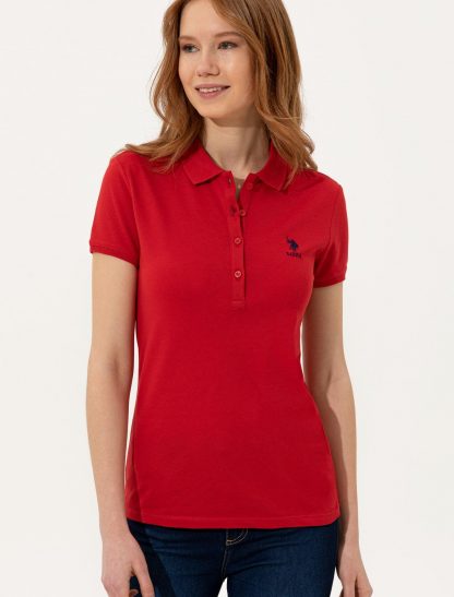 تی شرت زنانه آستین کوتاه یقه پولو جذب قرمز یو اس پولو