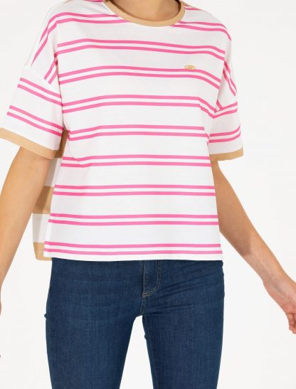 تی شرت زنانه یقه گرد آستین کوتاه طرحدار راحت صورتی یو اس پولو