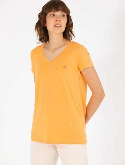 تی شرت زنانه آستین کوتاه یقه گرد راحت نارنجی یو اس پولو