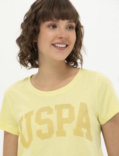 تی شرت زنانه آستین کوتاه یقه گرد ساده معمولی زرد روشن یو اس پولو