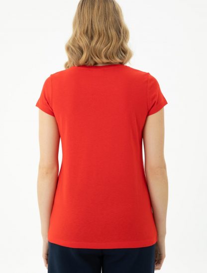 تی شرت زنانه آستین کوتاه یقه گرد ساده معمولی قرمز یو اس پولو