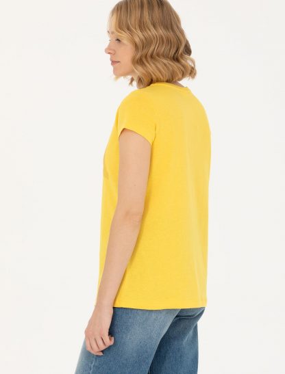تی شرت زنانه آستین کوتاه یقه گرد ساده معمولی زرد تیره یو اس پولو