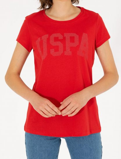 تی شرت زنانه آستین کوتاه یقه گرد ساده معمولی قرمز یو اس پولو
