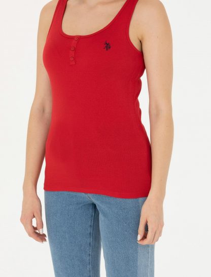 تی شرت زنانه بدون آستین یقه گرد ساده اسلیم فیت قرمز یو اس پولو