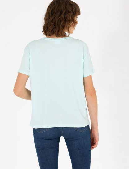 تی شرت زنانه کراپ آستین کوتاه یقه گرد طرحدار آبی نیلی یو اس پولو