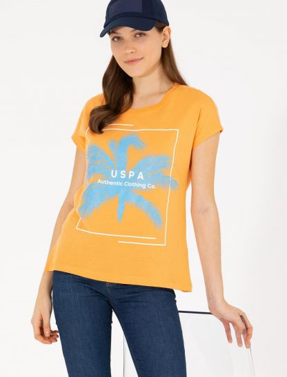 تی شرت زنانه یقه گرد آستین کوتاه طرحدار راحت نارنجی یو اس پولو