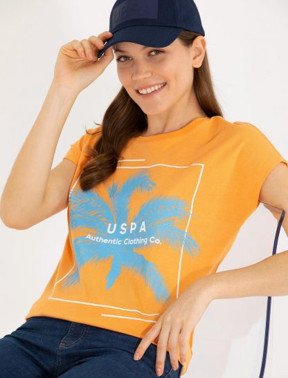 تی شرت زنانه یقه گرد آستین کوتاه طرحدار راحت نارنجی یو اس پولو